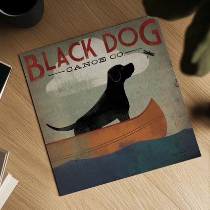 Black Dog Canoe by Ryan Fowler. Shown as a detailed flat fine art print, highlighting archival giclee quality. Available as an archival giclee rolled canvas, fine art paper, or poster print. SKU 5028a.