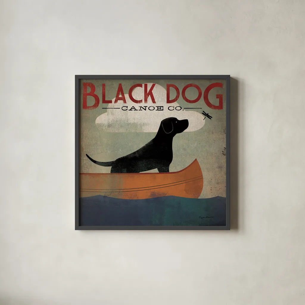 Black Dog Canoe by Ryan Fowler. Shown in a sleek black glass frame for a contemporary gallery look. Available as an archival giclee rolled canvas, fine art paper, or poster print. SKU 5028a.