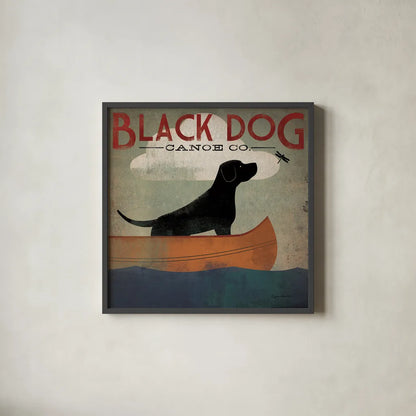 Black Dog Canoe by Ryan Fowler. Shown in a sleek black glass frame for a contemporary gallery look. Available as an archival giclee rolled canvas, fine art paper, or poster print. SKU 5028a.