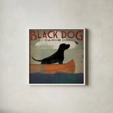 Black Dog Canoe by Ryan Fowler. Shown in a crisp white glass frame for a clean and minimalist style. Available as an archival giclee rolled canvas, fine art paper, or poster print. SKU 5028a.