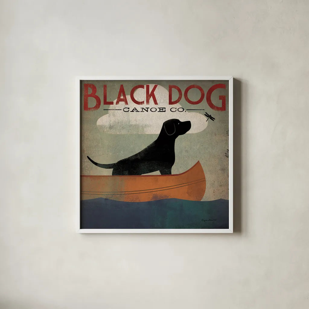 Black Dog Canoe by Ryan Fowler. Shown in a crisp white glass frame for a clean and minimalist style. Available as an archival giclee rolled canvas, fine art paper, or poster print. SKU 5028a.