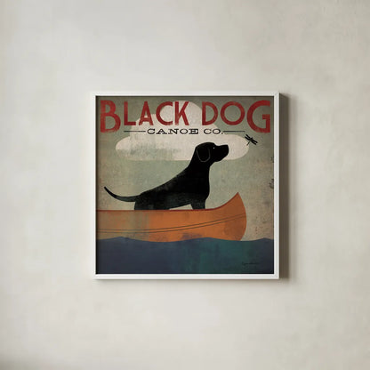 Black Dog Canoe by Ryan Fowler. Shown in a crisp white glass frame for a clean and minimalist style. Available as an archival giclee rolled canvas, fine art paper, or poster print. SKU 5028a.