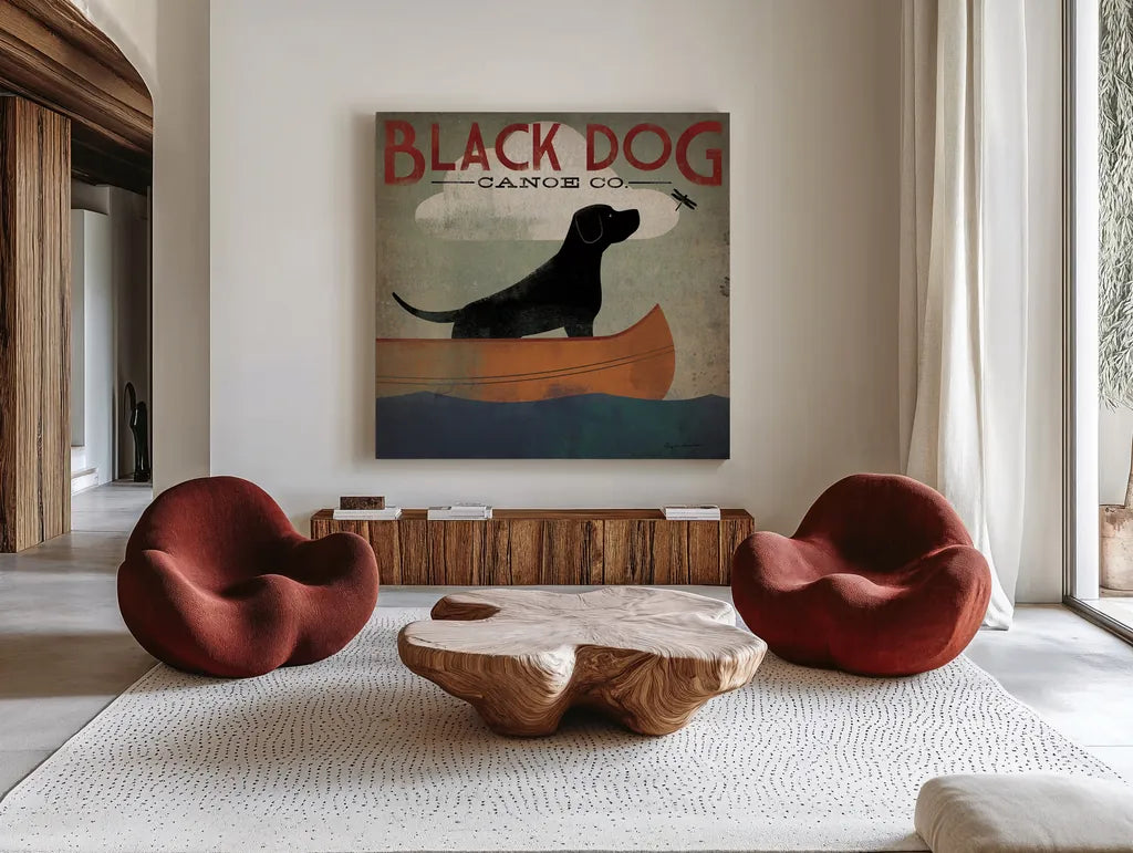 Black Dog Canoe by Ryan Fowler. Shown as extra-large giant wall art in a modern living room. Available as an archival giclee rolled canvas, fine art paper, or poster print. SKU 5028a.