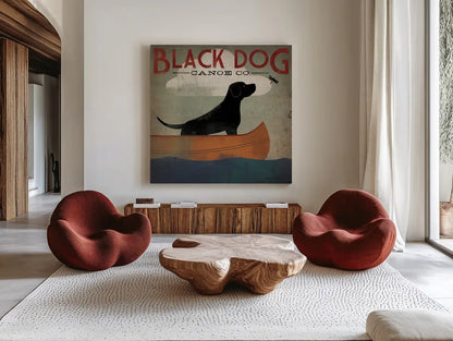 Black Dog Canoe by Ryan Fowler. Shown as extra-large giant wall art in a modern living room. Available as an archival giclee rolled canvas, fine art paper, or poster print. SKU 5028a.