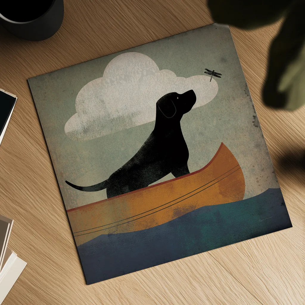 Black Dog Canoe Ride by Ryan Fowler. Shown as a detailed flat fine art print, highlighting archival giclee quality. Available as an archival giclee rolled canvas, fine art paper, or poster print. SKU 35286a.