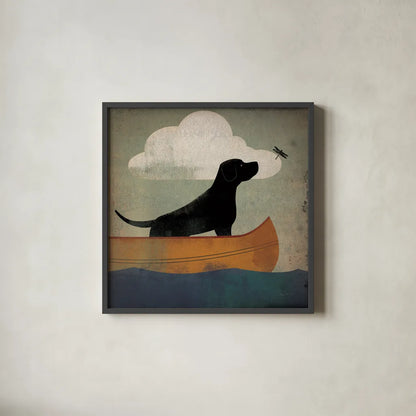 Black Dog Canoe Ride by Ryan Fowler. Shown in a sleek black glass frame for a contemporary gallery look. Available as an archival giclee rolled canvas, fine art paper, or poster print. SKU 35286a.