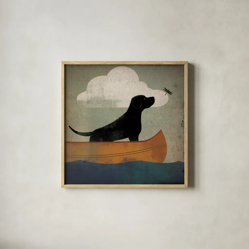 Black Dog Canoe Ride by Ryan Fowler. Shown in a natural wood glass frame for a timeless modern aesthetic. Available as an archival giclee rolled canvas, fine art paper, or poster print. SKU 35286a.