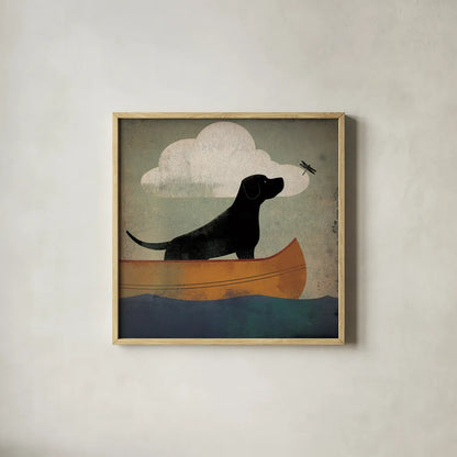 Black Dog Canoe Ride by Ryan Fowler. Shown in a natural wood glass frame for a timeless modern aesthetic. Available as an archival giclee rolled canvas, fine art paper, or poster print. SKU 35286a.