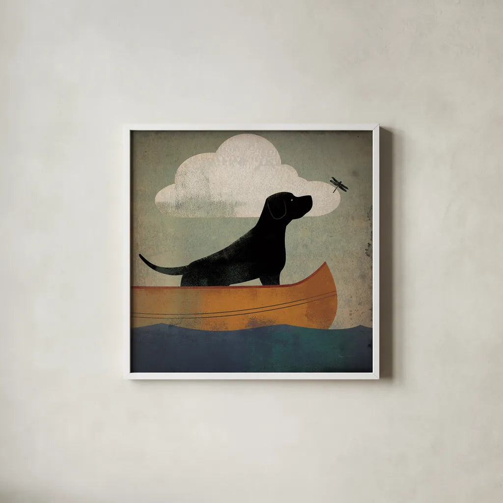 Black Dog Canoe Ride by Ryan Fowler. Shown in a crisp white glass frame for a clean and minimalist style. Available as an archival giclee rolled canvas, fine art paper, or poster print. SKU 35286a.