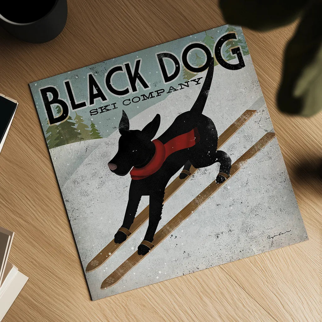 Black Dog Ski by Ryan Fowler. Shown as a detailed flat fine art print, highlighting archival giclee quality. Available as an archival giclee rolled canvas, fine art paper, or poster print. SKU 12502a.