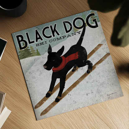 Black Dog Ski by Ryan Fowler. Shown as a detailed flat fine art print, highlighting archival giclee quality. Available as an archival giclee rolled canvas, fine art paper, or poster print. SKU 12502a.