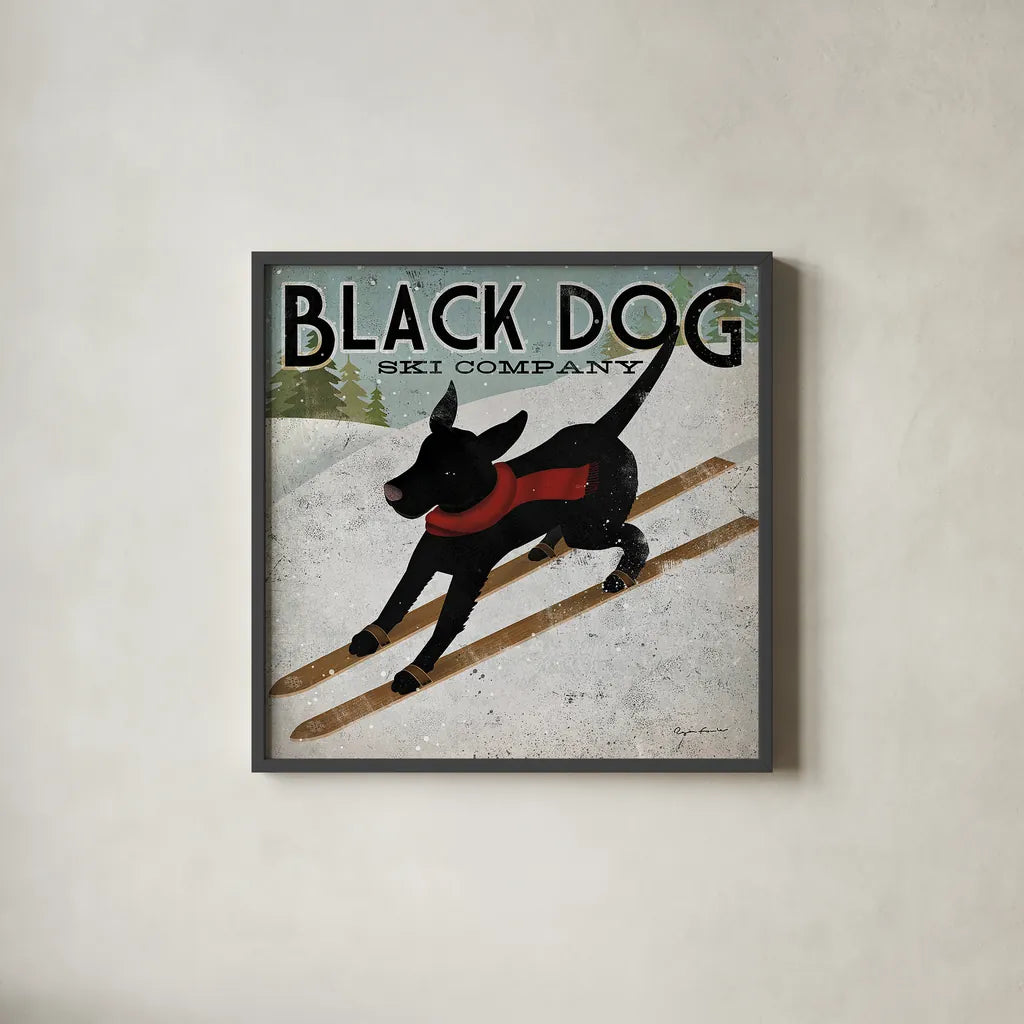 Black Dog Ski by Ryan Fowler. Shown in a sleek black glass frame for a contemporary gallery look. Available as an archival giclee rolled canvas, fine art paper, or poster print. SKU 12502a.