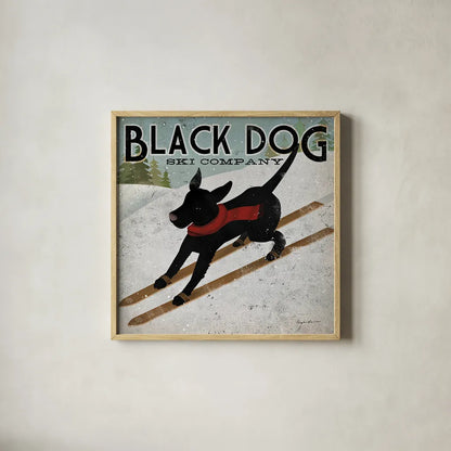Black Dog Ski by Ryan Fowler. Shown in a natural wood glass frame for a timeless modern aesthetic. Available as an archival giclee rolled canvas, fine art paper, or poster print. SKU 12502a.