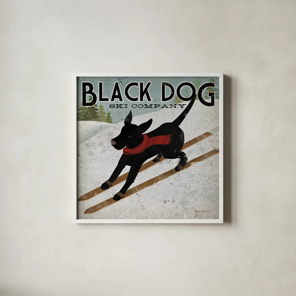 Black Dog Ski by Ryan Fowler. Shown in a crisp white glass frame for a clean and minimalist style. Available as an archival giclee rolled canvas, fine art paper, or poster print. SKU 12502a.