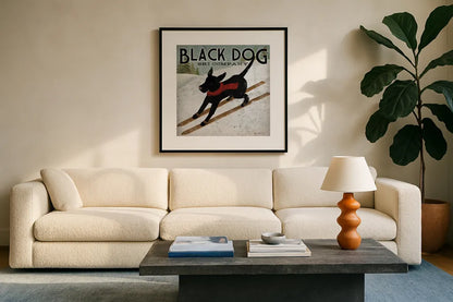 Black Dog Ski by Ryan Fowler. Displayed in a glass frame with matte in a clean modern living room. Available as an archival giclee rolled canvas, fine art paper, or poster print. SKU 12502a.