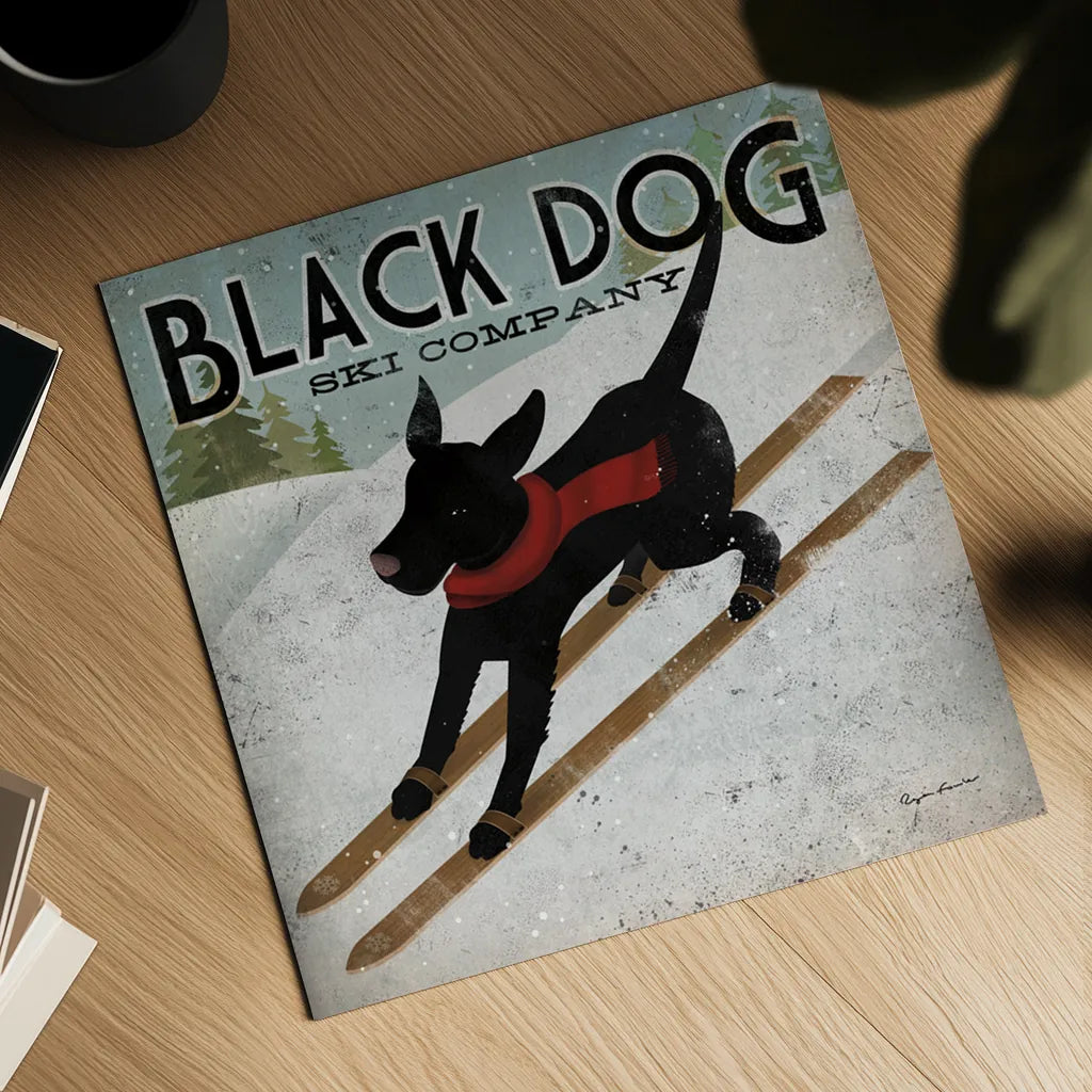 Black Dog Ski Co by Ryan Fowler. Shown as a detailed flat fine art print, highlighting archival giclee quality. Available as an archival giclee rolled canvas, fine art paper, or poster print. SKU 5029a.