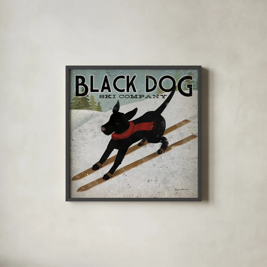 Black Dog Ski Co by Ryan Fowler. Shown in a sleek black glass frame for a contemporary gallery look. Available as an archival giclee rolled canvas, fine art paper, or poster print. SKU 5029a.