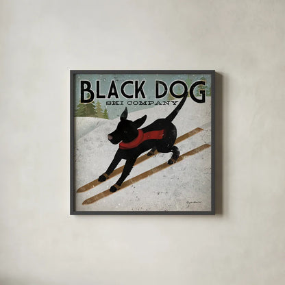 Black Dog Ski Co by Ryan Fowler. Shown in a sleek black glass frame for a contemporary gallery look. Available as an archival giclee rolled canvas, fine art paper, or poster print. SKU 5029a.
