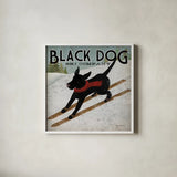 Black Dog Ski Co by Ryan Fowler. Shown in a crisp white glass frame for a clean and minimalist style. Available as an archival giclee rolled canvas, fine art paper, or poster print. SKU 5029a.
