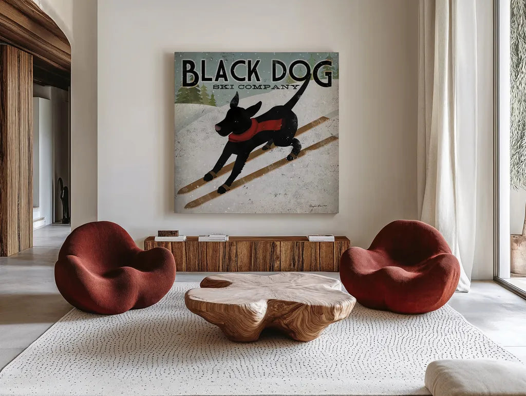 Black Dog Ski Co by Ryan Fowler. Shown as extra-large giant wall art in a modern living room. Available as an archival giclee rolled canvas, fine art paper, or poster print. SKU 5029a.