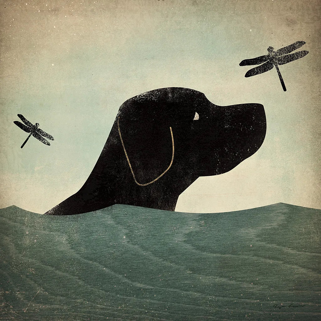 Black Dog Swim by Ryan Fowler. SKU 15624a. Archival Giclee Fine art print for wall decor.