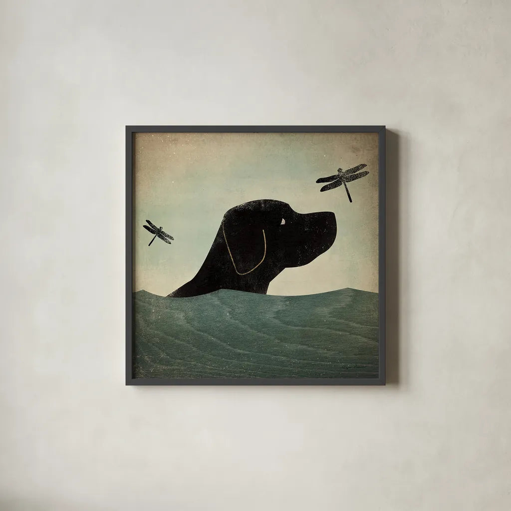 Black Dog Swim by Ryan Fowler. Shown in a sleek black glass frame for a contemporary gallery look. Available as an archival giclee rolled canvas, fine art paper, or poster print. SKU 15624a.
