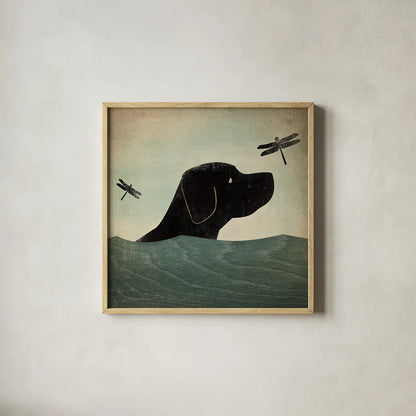 Black Dog Swim by Ryan Fowler. Shown in a natural wood glass frame for a timeless modern aesthetic. Available as an archival giclee rolled canvas, fine art paper, or poster print. SKU 15624a.