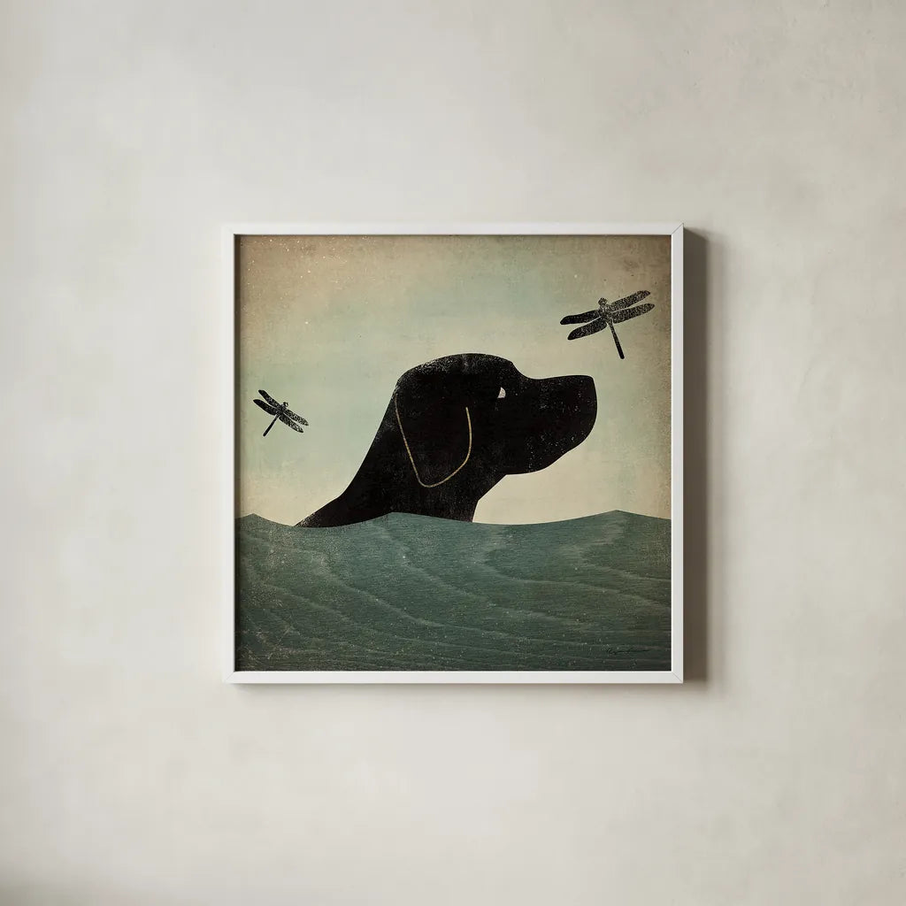 Black Dog Swim by Ryan Fowler. Shown in a crisp white glass frame for a clean and minimalist style. Available as an archival giclee rolled canvas, fine art paper, or poster print. SKU 15624a.