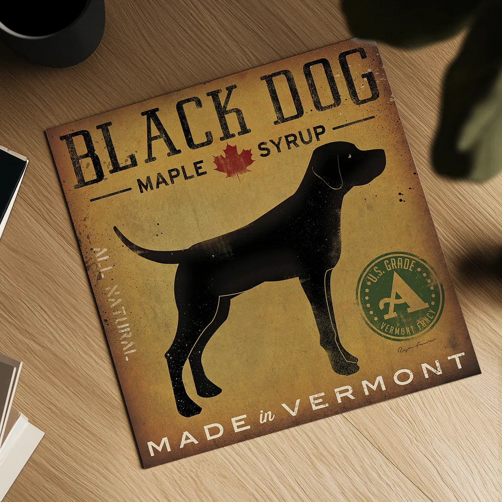 Black Dog at Show by Ryan Fowler. Shown as a detailed flat fine art print, highlighting archival giclee quality. Available as an archival giclee rolled canvas, fine art paper, or poster print. SKU 15016a.