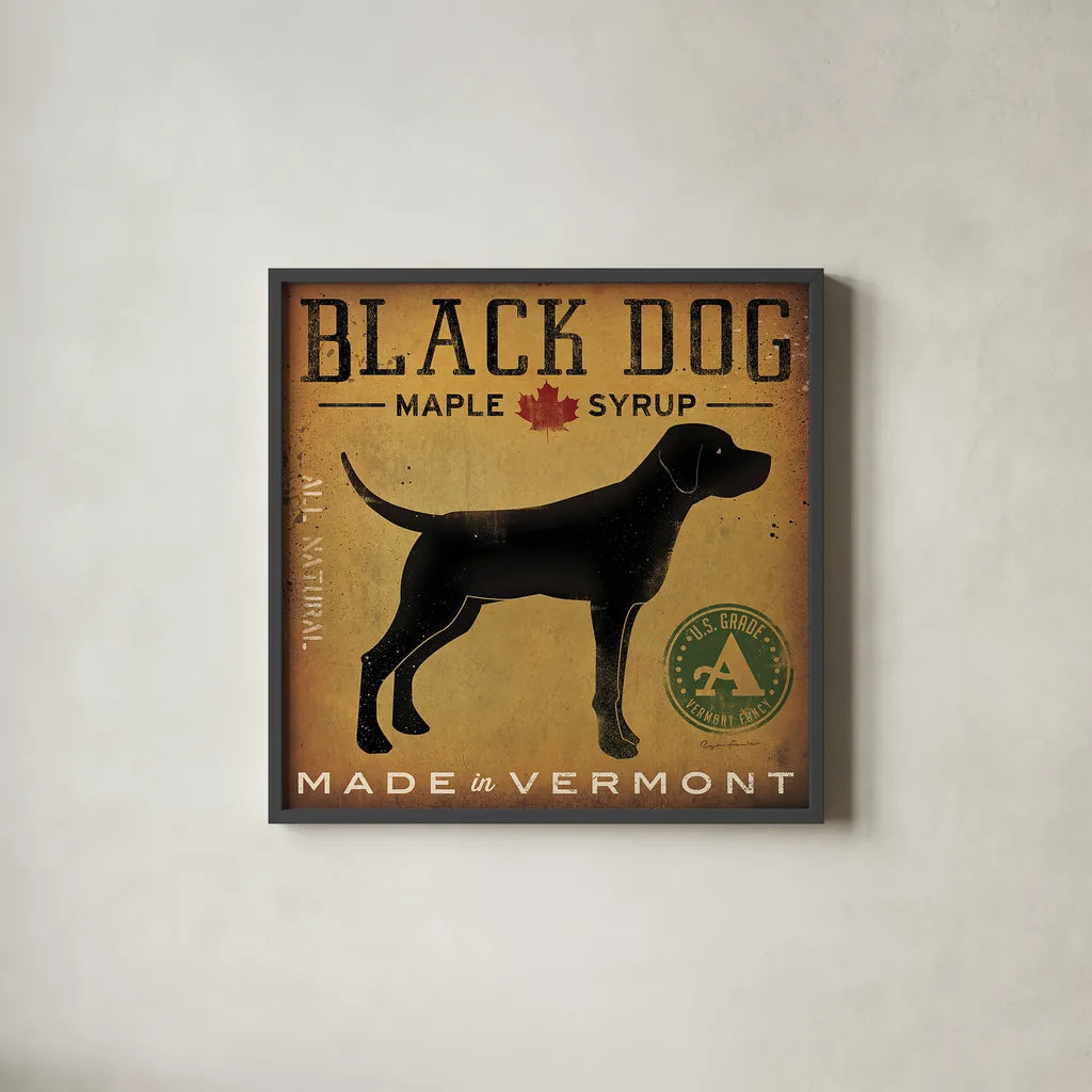 Black Dog at Show by Ryan Fowler. Shown in a sleek black glass frame for a contemporary gallery look. Available as an archival giclee rolled canvas, fine art paper, or poster print. SKU 15016a.