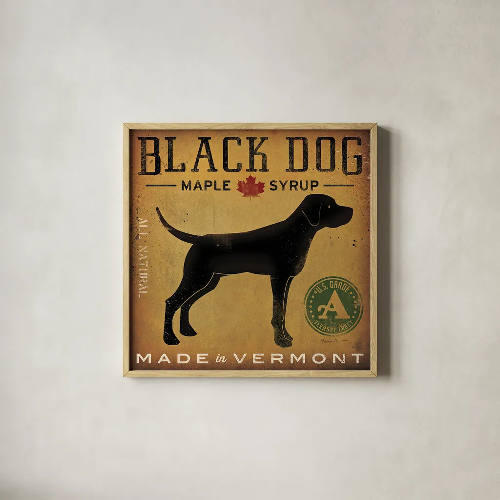Black Dog at Show by Ryan Fowler. Shown in a natural wood glass frame for a timeless modern aesthetic. Available as an archival giclee rolled canvas, fine art paper, or poster print. SKU 15016a.