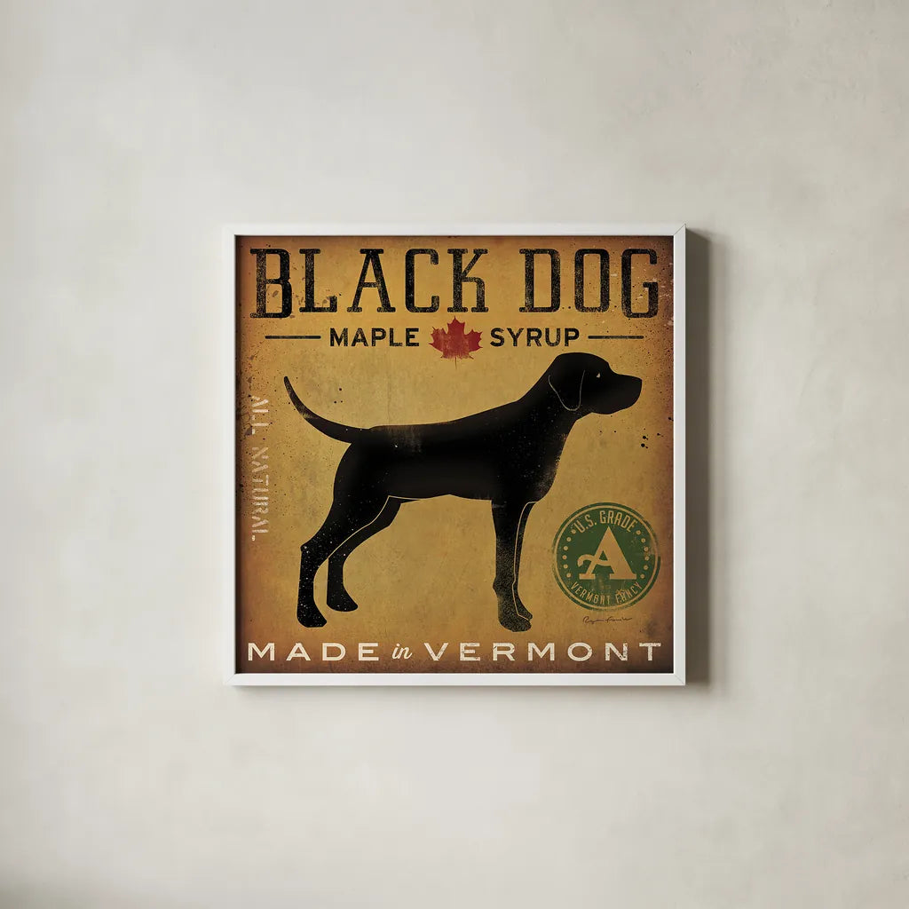 Black Dog at Show by Ryan Fowler. Shown in a crisp white glass frame for a clean and minimalist style. Available as an archival giclee rolled canvas, fine art paper, or poster print. SKU 15016a.