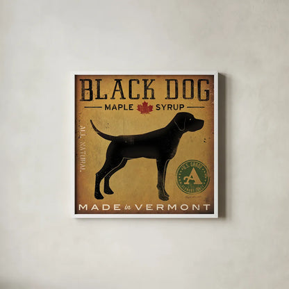 Black Dog at Show by Ryan Fowler. Shown in a crisp white glass frame for a clean and minimalist style. Available as an archival giclee rolled canvas, fine art paper, or poster print. SKU 15016a.