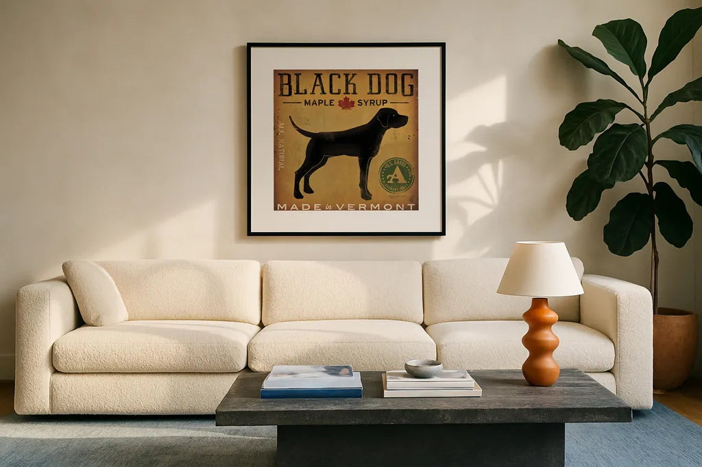 Black Dog at Show by Ryan Fowler. Displayed in a glass frame with matte in a clean modern living room. Available as an archival giclee rolled canvas, fine art paper, or poster print. SKU 15016a.
