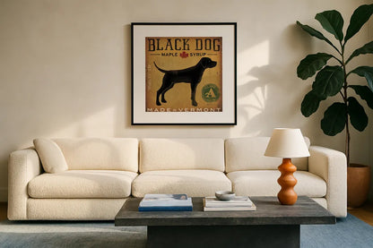 Black Dog at Show by Ryan Fowler. Displayed in a glass frame with matte in a clean modern living room. Available as an archival giclee rolled canvas, fine art paper, or poster print. SKU 15016a.