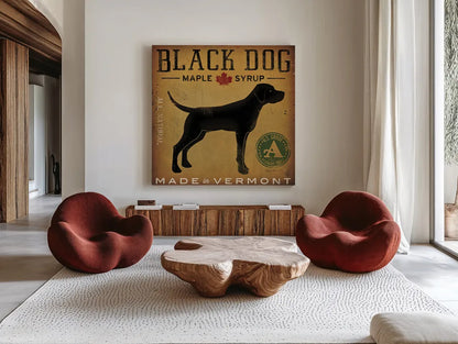 Black Dog at Show by Ryan Fowler. Shown as extra-large giant wall art in a modern living room. Available as an archival giclee rolled canvas, fine art paper, or poster print. SKU 15016a.