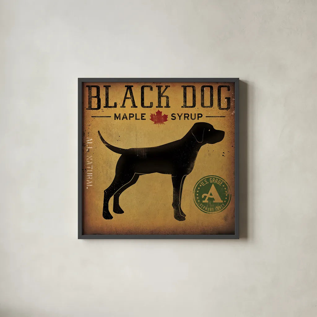Black Dog at Show No VT by Ryan Fowler. Shown in a sleek black glass frame for a contemporary gallery look. Available as an archival giclee rolled canvas, fine art paper, or poster print. SKU 31005a.