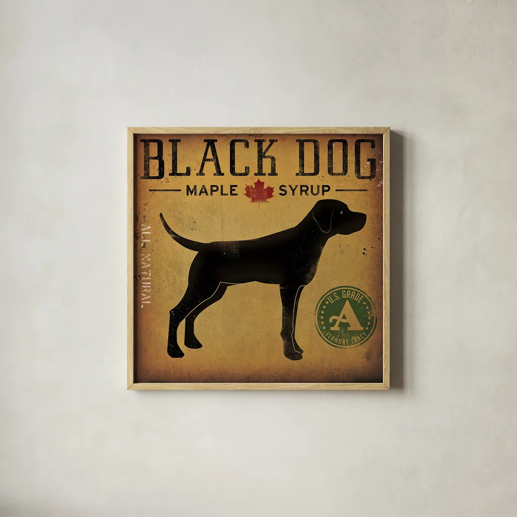 Black Dog at Show No VT by Ryan Fowler. Shown in a natural wood glass frame for a timeless modern aesthetic. Available as an archival giclee rolled canvas, fine art paper, or poster print. SKU 31005a.