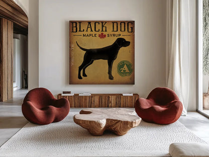 Black Dog at Show No VT by Ryan Fowler. Shown as extra-large giant wall art in a modern living room. Available as an archival giclee rolled canvas, fine art paper, or poster print. SKU 31005a.