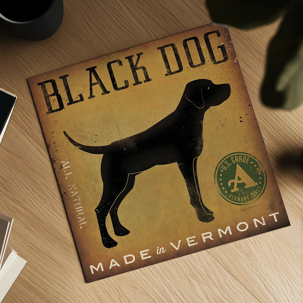 Black Dog at Show v2 by Ryan Fowler. Shown as a detailed flat fine art print, highlighting archival giclee quality. Available as an archival giclee rolled canvas, fine art paper, or poster print. SKU 35380a.