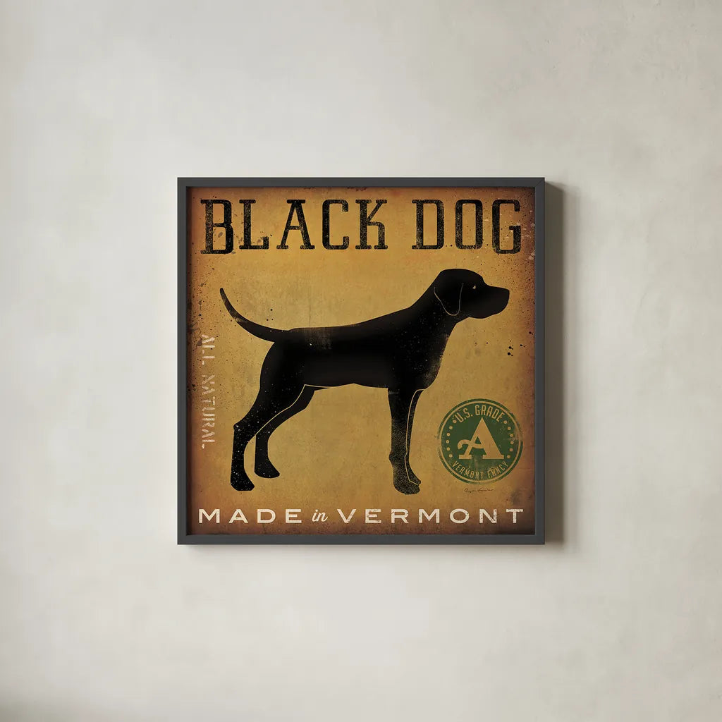Black Dog at Show v2 by Ryan Fowler. Shown in a sleek black glass frame for a contemporary gallery look. Available as an archival giclee rolled canvas, fine art paper, or poster print. SKU 35380a.