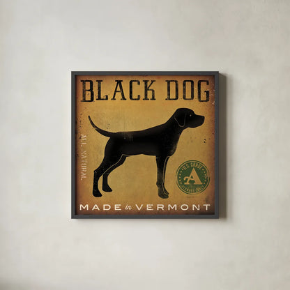 Black Dog at Show v2 by Ryan Fowler. Shown in a sleek black glass frame for a contemporary gallery look. Available as an archival giclee rolled canvas, fine art paper, or poster print. SKU 35380a.