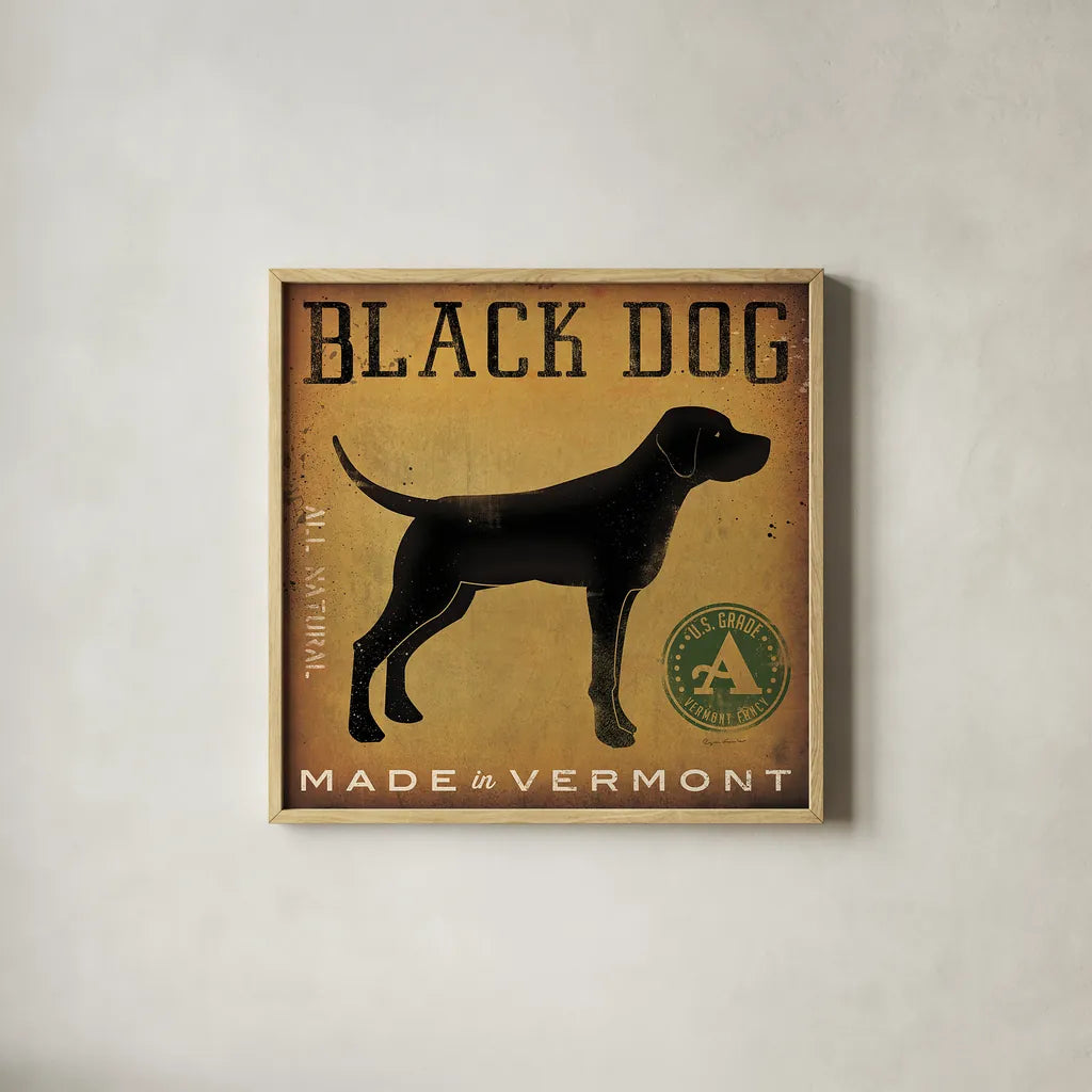 Black Dog at Show v2 by Ryan Fowler. Shown in a natural wood glass frame for a timeless modern aesthetic. Available as an archival giclee rolled canvas, fine art paper, or poster print. SKU 35380a.