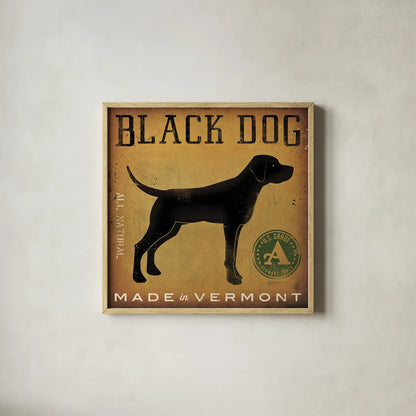 Black Dog at Show v2 by Ryan Fowler. Shown in a natural wood glass frame for a timeless modern aesthetic. Available as an archival giclee rolled canvas, fine art paper, or poster print. SKU 35380a.