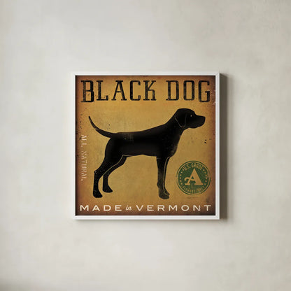 Black Dog at Show v2 by Ryan Fowler. Shown in a crisp white glass frame for a clean and minimalist style. Available as an archival giclee rolled canvas, fine art paper, or poster print. SKU 35380a.