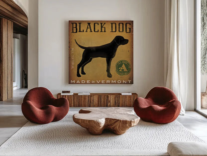 Black Dog at Show v2 by Ryan Fowler. Shown as extra-large giant wall art in a modern living room. Available as an archival giclee rolled canvas, fine art paper, or poster print. SKU 35380a.