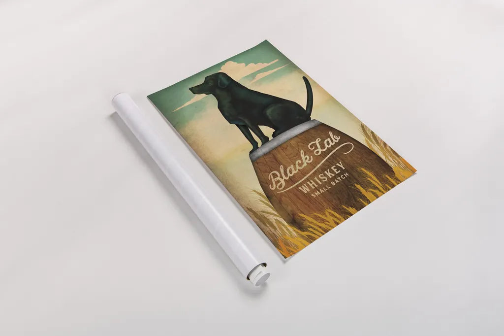Black Lab Whiskey by Ryan Fowler. shown as a rolled paper print. Available as archival giclee rolled canvas, fine art paper, or poster print. SKU 34883h.