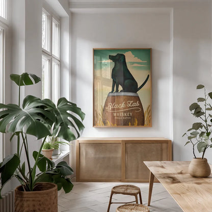 Black Lab Whiskey by Ryan Fowler. shown as a print in a natural wood frame in a dining room. Available as a archival giclee rolled canvas, fine art paper, or poster print. SKU 34883h.