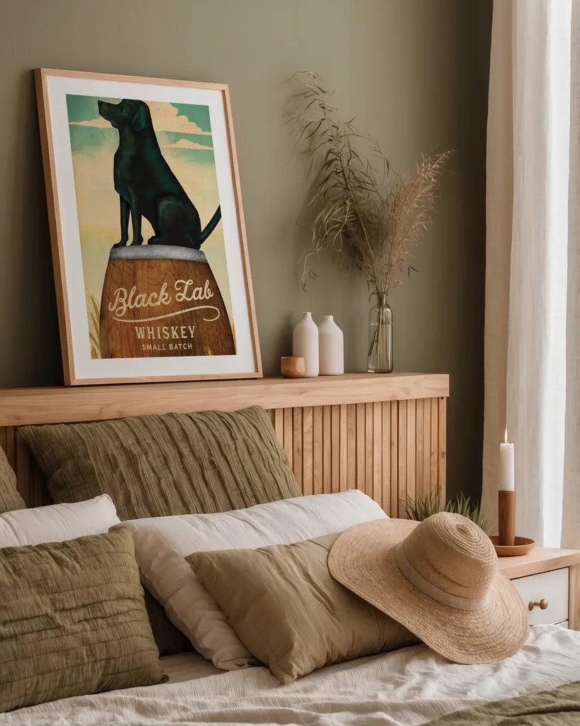 Black Lab Whiskey by Ryan Fowler. shown as a paper print in a natural frame. Available as a archival giclee rolled canvas, fine art paper, or poster print. SKU 34883h.