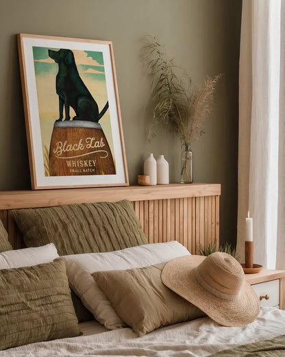 Black Lab Whiskey by Ryan Fowler. shown as a paper print in a natural frame. Available as a archival giclee rolled canvas, fine art paper, or poster print. SKU 34883h.